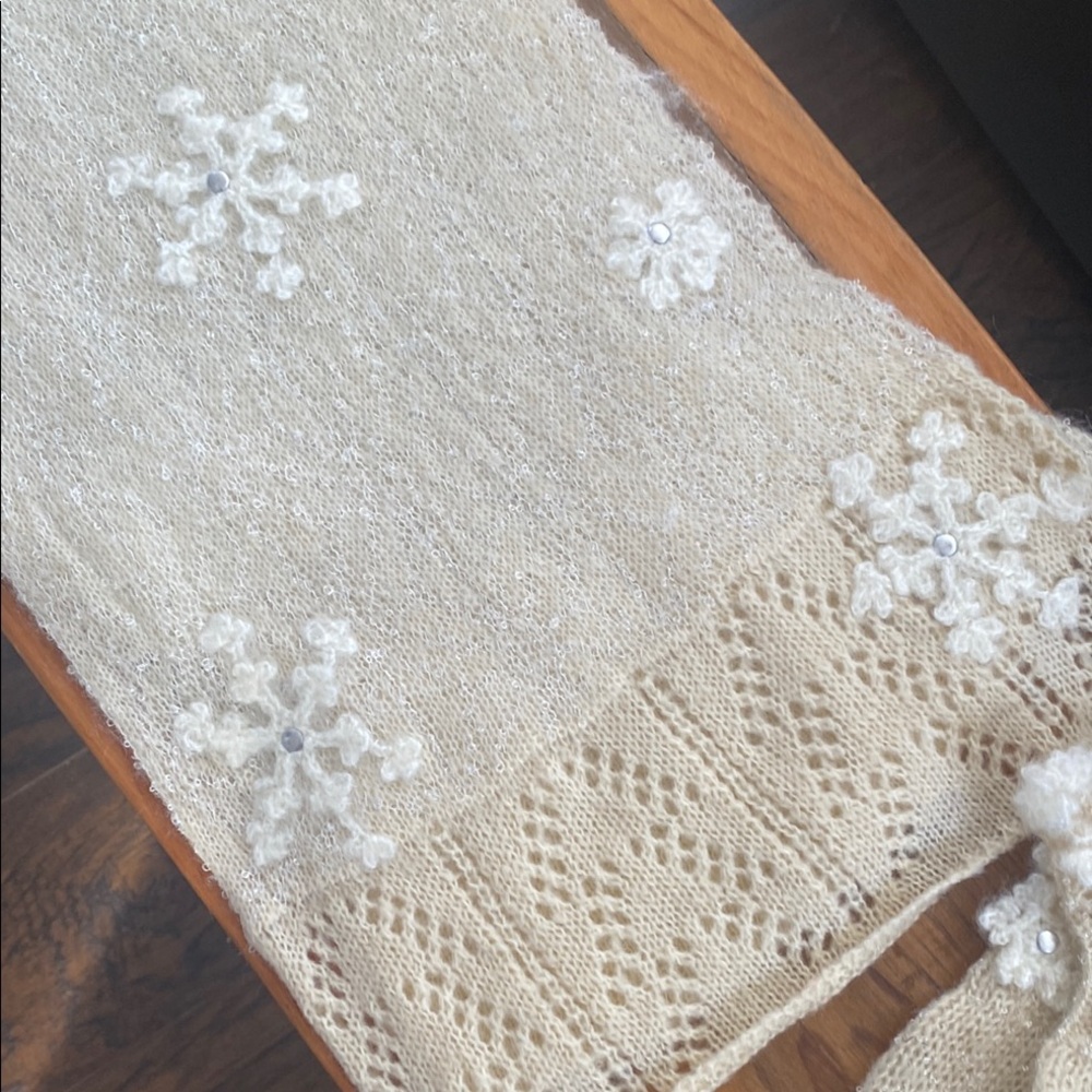 Chic Cream Knit Scarf with Snowflake Details